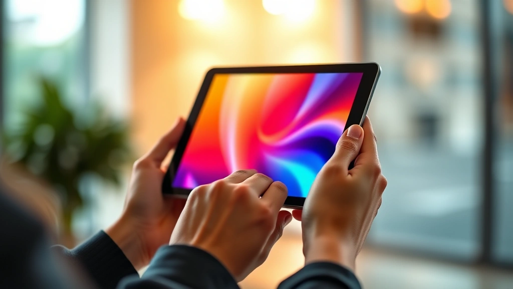 Person's hands holding latest tablet device showing vibrant display, warm indoor lighting, shallow depth of field focusing on device screen