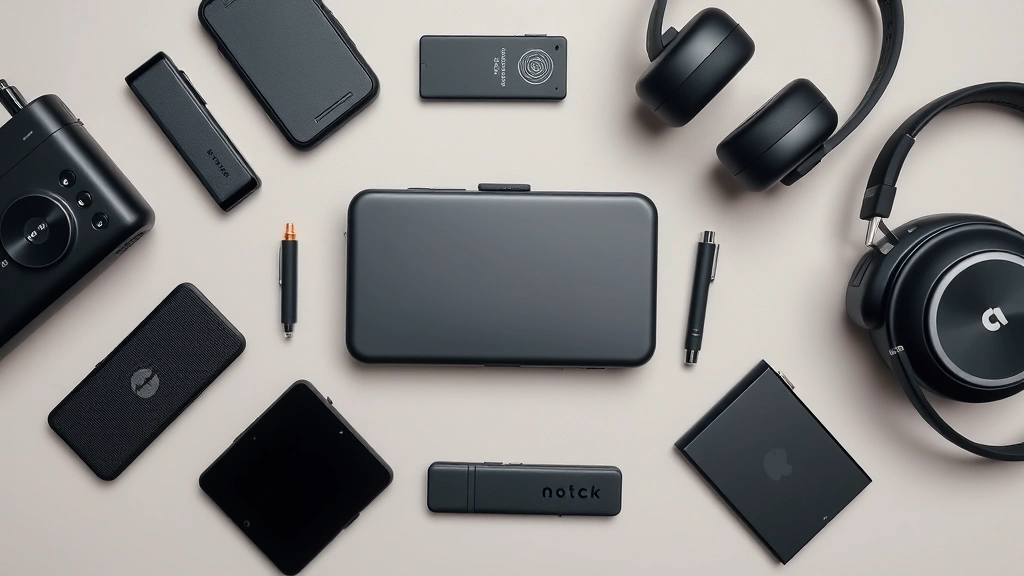 Flat lay arrangement of gadget with complementary tech accessories on neutral background, showing product ecosystem and connectivity options