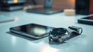 Close-up of modern smartphone and smartwatch sitting on a clean desk with ambient lighting, showing sleek metal and glass surfaces