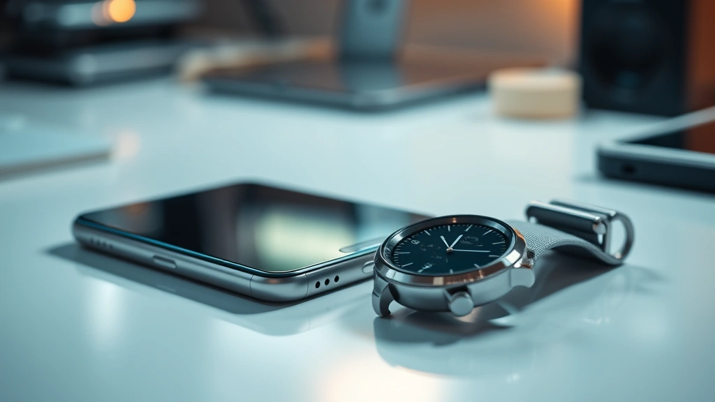 Close-up of modern smartphone and smartwatch sitting on a clean desk with ambient lighting, showing sleek metal and glass surfaces