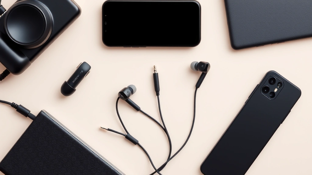 Flat lay of various tech gadgets including earbuds, charging cable, and portable device arranged artfully on neutral background