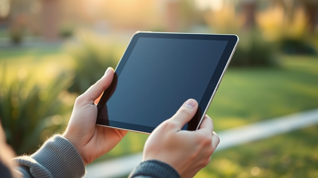 Person holding a premium tablet device outdoors with soft natural lighting, showing the screen and device from an angle
