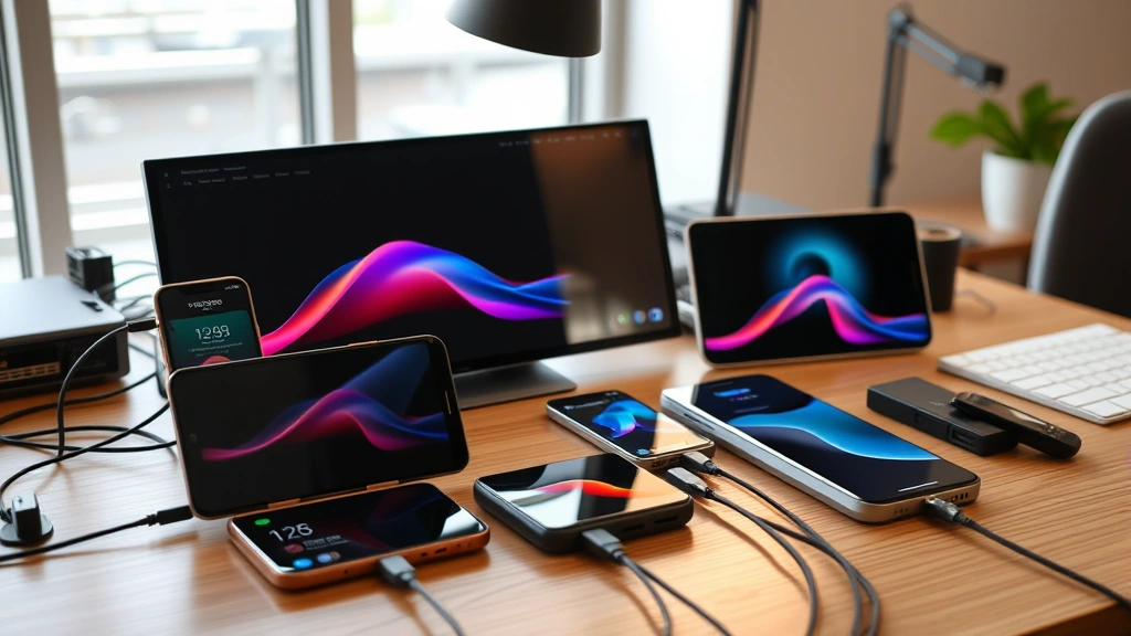 Tech gadget ecosystem setup showing multiple devices working together, charging cables, and wireless connectivity in modern workspace