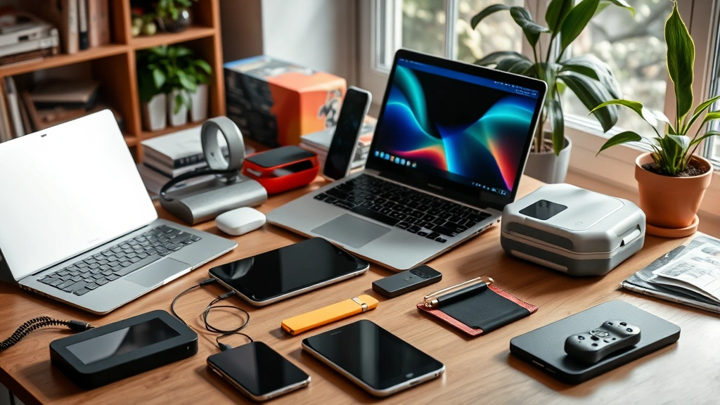 Array of colorful technology devices in everyday use - smartphone, laptop, tablet, and accessories displayed in natural home office environment with natural lighting