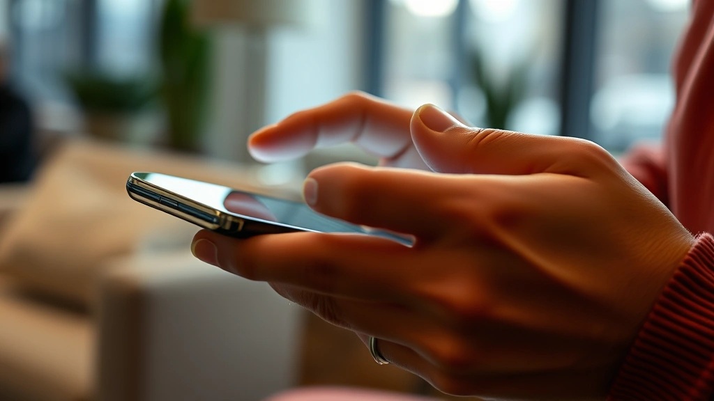 Close-up of hands actively using and interacting with smartphone touchscreen, showing genuine engagement with mobile technology in realistic indoor setting
