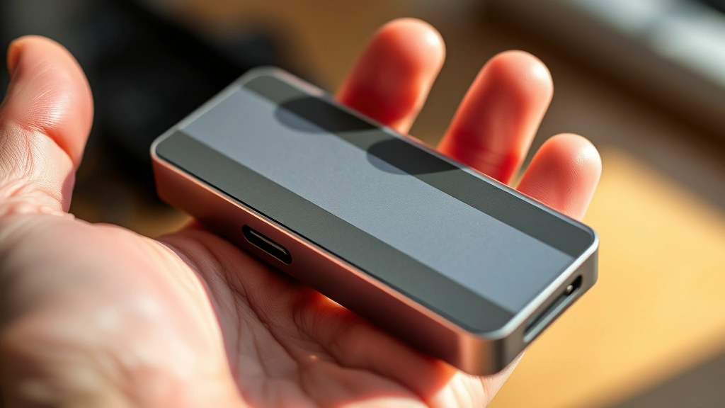 Close-up of metallic gadget held in hand showing premium build quality and ergonomic design with natural lighting